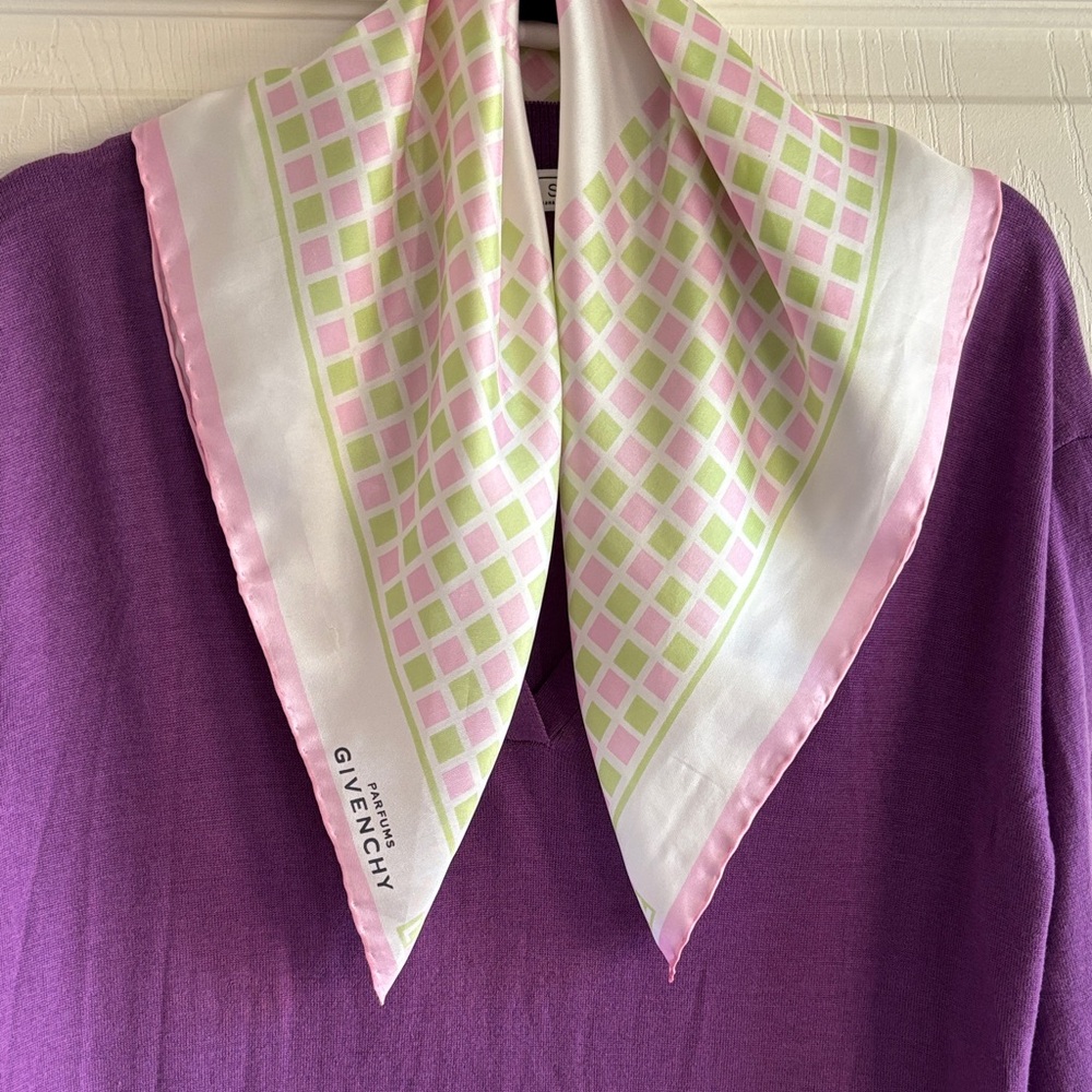 Vintage Givenchy Parfums Silk Square Scarf, Pink and Green, Hand Rolled Edges.